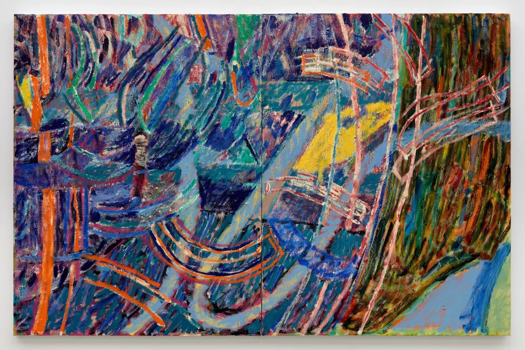Pam Evelyn, Bigger Picture, 2024, oil on linen, 130 cm × 200 cm (51-3/16" × 78-3/4"), overall, 130 cm × 100 cm (51-3/16" × 39-3/8"), each panel © Pam Evelyn