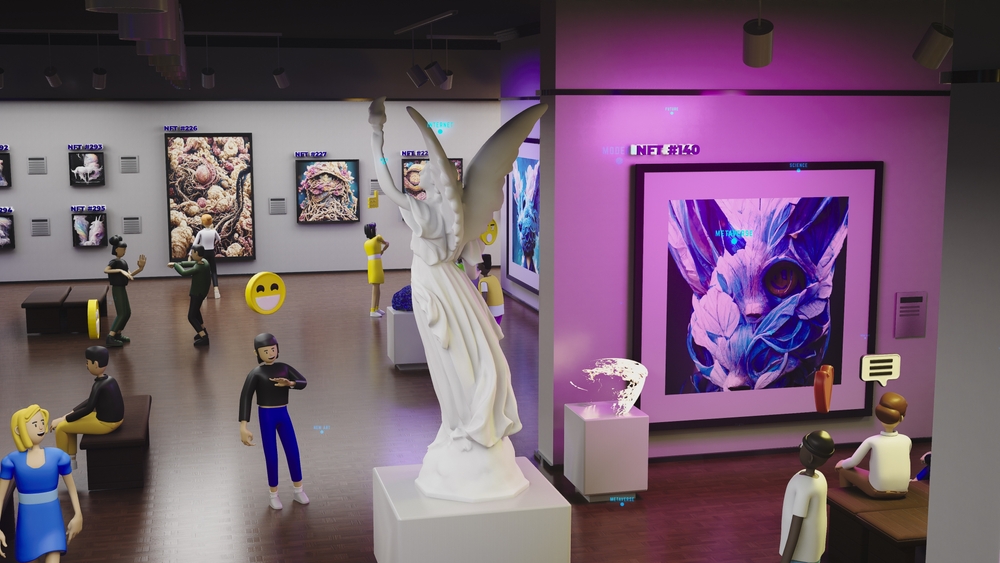 3D Render of avatars with emotions icons walk in futuristic immersive virtual museum. Exhibition of NFT pictures in meta universe