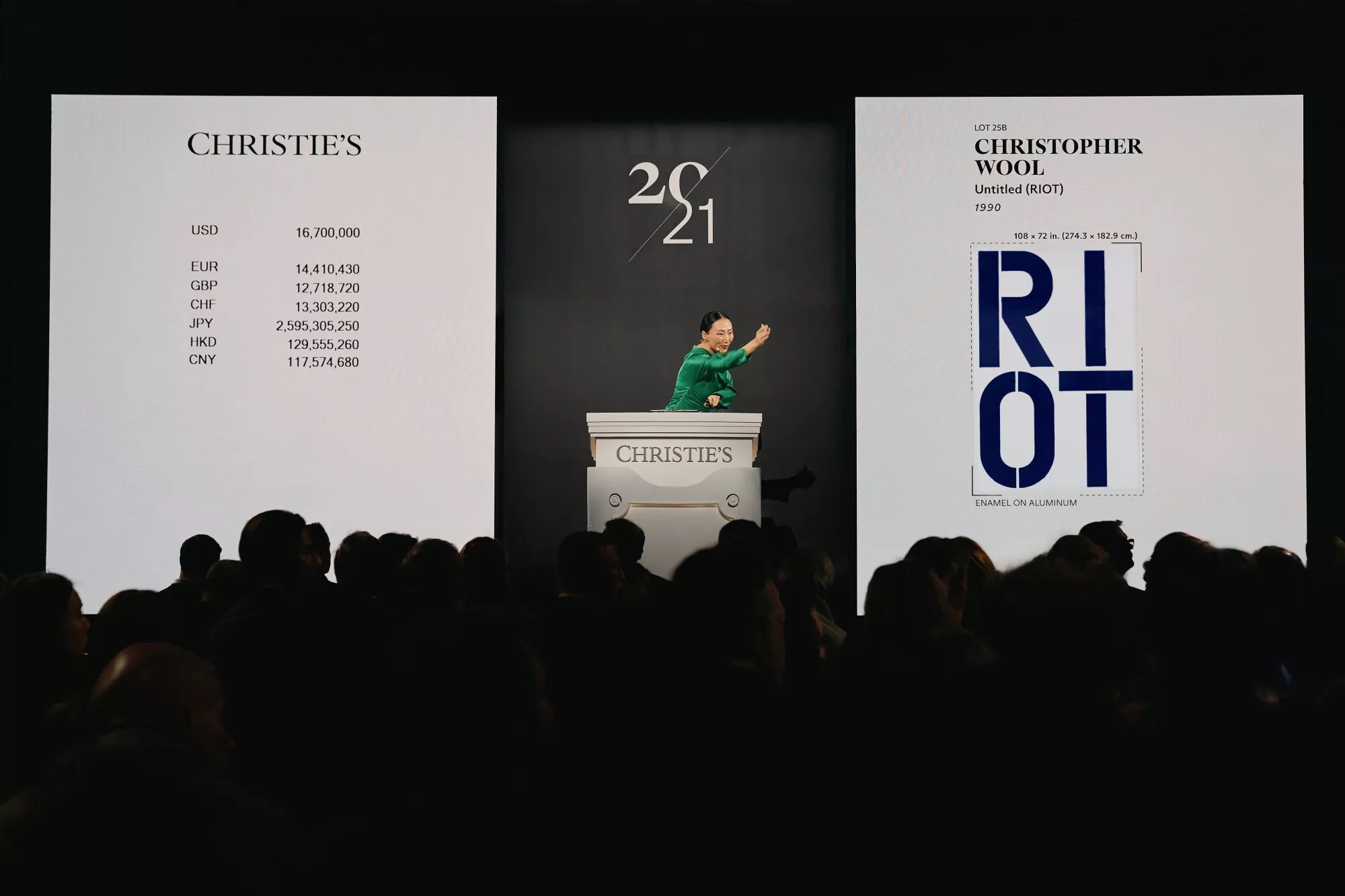 This 1990 enamel on aluminium (108 × 72 in) achieved USD 19.84 million at the sale
