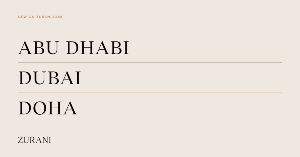 The words Abu Dhabi, Dubai and Doha stacked in black serif type on a pale background, separated by thin bronze lines.