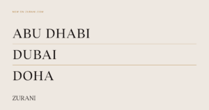 The words Abu Dhabi, Dubai and Doha stacked in black serif type on a pale background, separated by thin bronze lines.