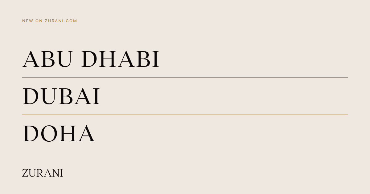The words Abu Dhabi, Dubai and Doha stacked in black serif type on a pale background, separated by thin bronze lines.